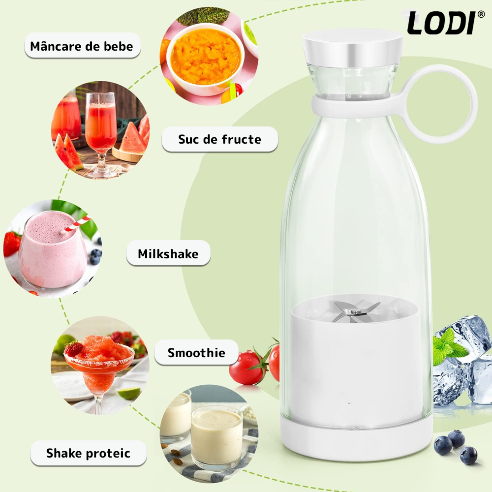 Mini Blender Electric Lodi, forma de sticla, portabil, compact, multifunctional, autocuratare, autonomie ridicata, smoothie/milkshake, capacitate 420 ml, 40W