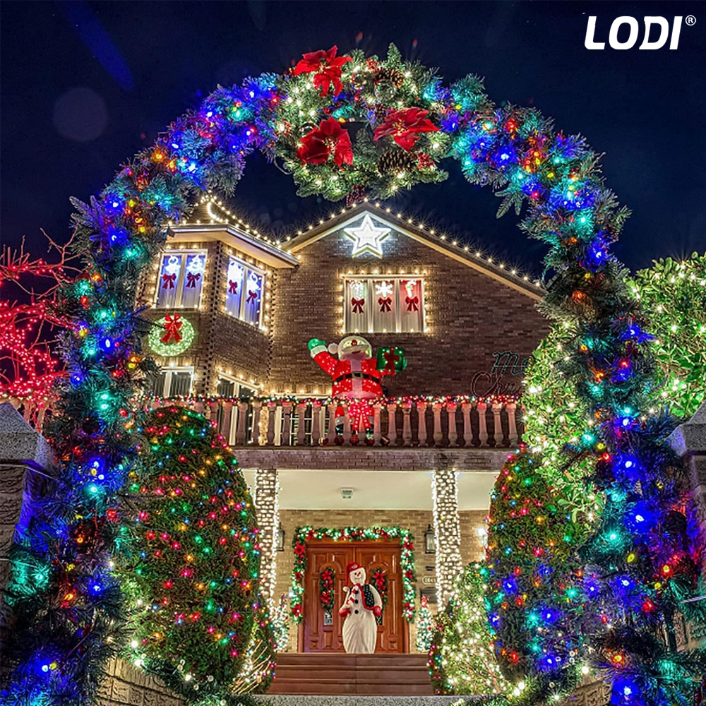 Instalatie de Craciun Liniara Lodi1456, 15 m, 8 jocuri de lumini, alimentare la priza, interior/exterior, rezistenta la apa, 200 LED-uri, multicolor