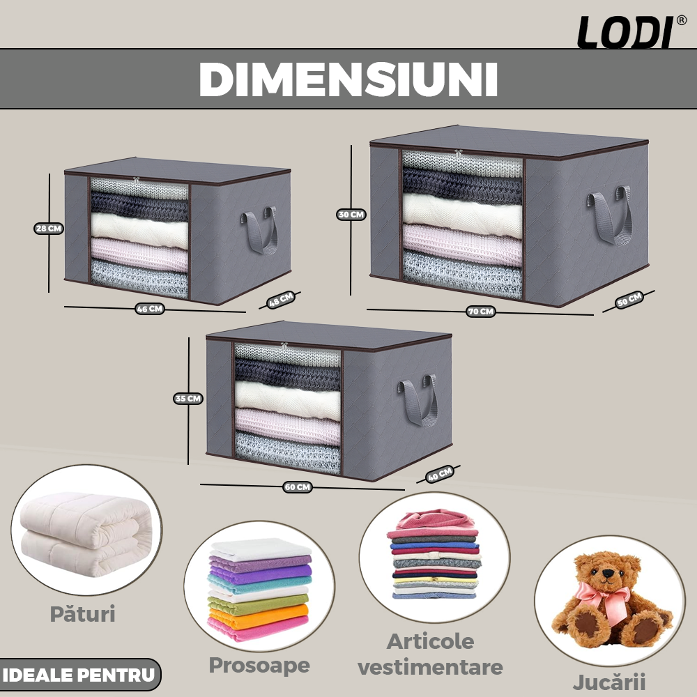 Set 3 Cutii pentru Depozitare si Organizare Lodi1054, 3 dimensiuni, pliabile, maner ranforsat si fereastra transparenta, pentru haine/paturi/ plapumi/ perne/ lenjerii de pat/jucarii, 60 L / 84 L / 105 L, gri deschis