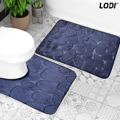 Set 2 Covorase de Baie Lodi1014, anti-derapante, material moale, design modern, model pietre, 80x50 & 50x40cm, bleumarin