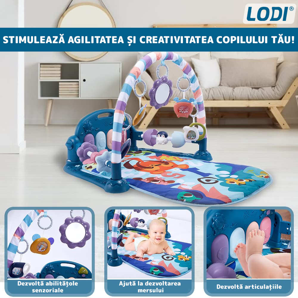 Centru de Activitati si Joaca Lodi1108, saltea interactiva pentru copii cu sunete, multifunctional, pian si oglinda detasabile, jucarii zornaitoare, 4 moduri interactive si educative, albastru inchis
