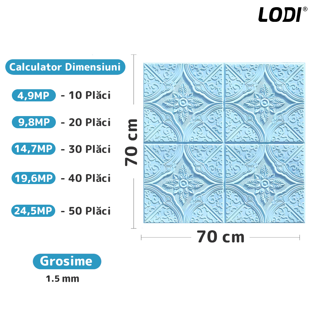 Set 10x Tapet 3D Lodi794, suprafata acoperire 4.9 mp, autoadeziv, Model Floral Diamant, perete/tavan, waterproof, usor de montat, design modern, 70x70 cm, albastru