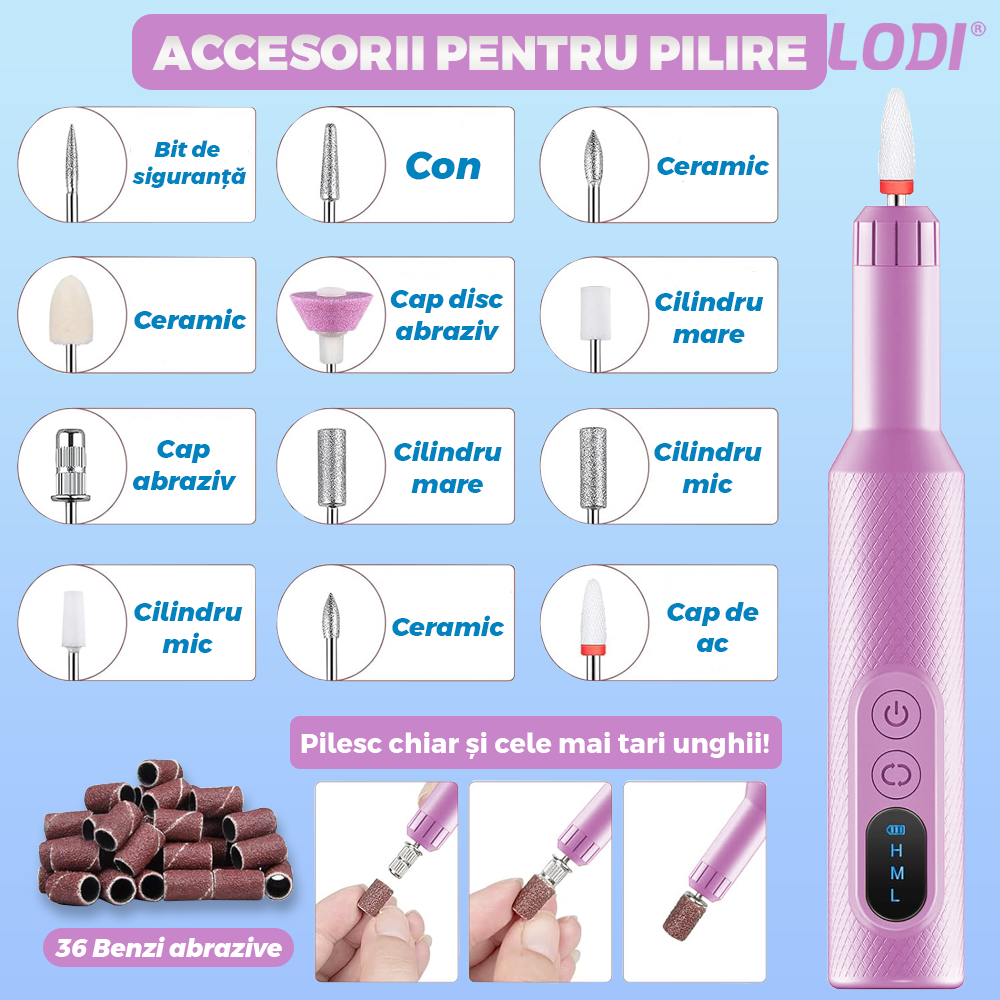 Pila Electrica Profesionala pentru Unghii Lodi1192, freza wireless, 18000 RPM, ecran LED, manichiura-pedichiura, 12 capete pentru pila, 36 benzi de slefurie, portabila, lila