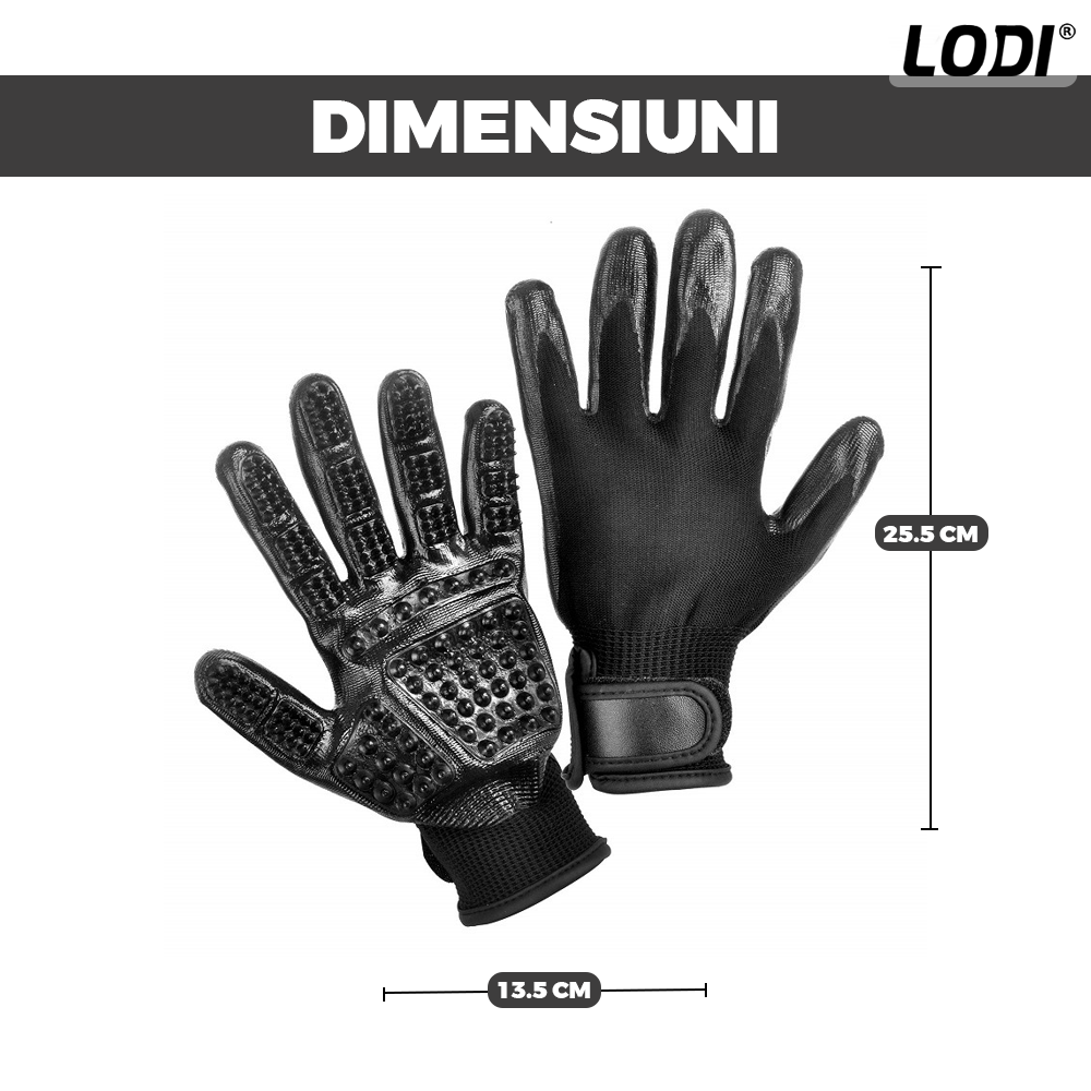 Set 2 Manusi Perii de Ingrijire si Curatare Caini, Pisici si Alte Animale de Companie Lodi422, periaj si masaj, prindere velcro, 25.5 x 13.5 cm, negru