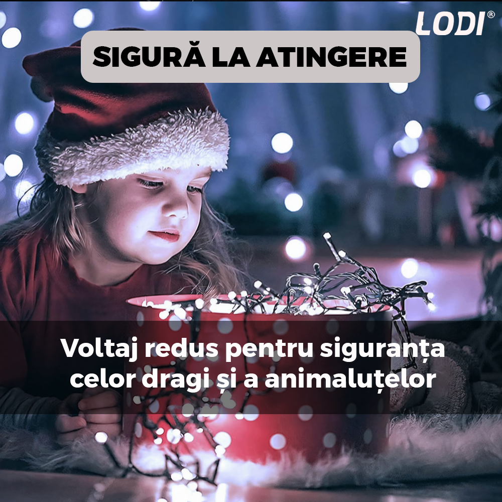 Instalatie de Craciun Liniara cu Panou Solar Lodi1459, 10 m, 8 jocuri de lumini, alimentare la priza, fir verde, interior/exterior, rezistenta la apa, 100 LED-uri, alb rece