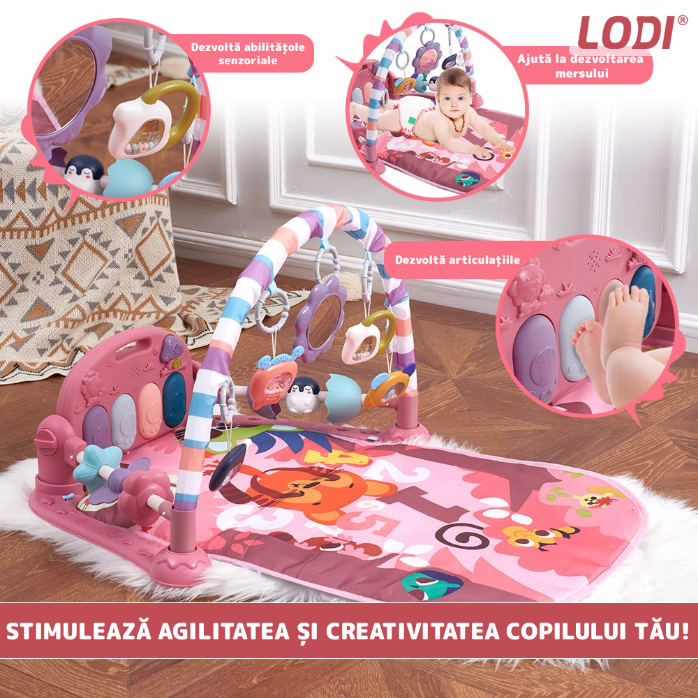 Centru de Activitati si Joaca Lodi1109, saltea interactiva pentru copii cu sunete, pian si oglinda detasabile, accesorii zornaitoare, 4 moduri interactive si educative, roz inchis