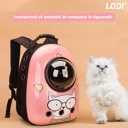 Rucsac Transport Animale Lodi22, greutate Max 7kg, hublou transparent, buzunar lateral, accesorii incluse, pentru talie mica, model Pisica, roz