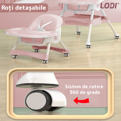 Scaun de Masa 3in1 pentru Bebelusi si Copii Lodi635, inaltime ajustabila, centura de siguranta in 5 puncte, tavita reglabila si detasabila, loc depozitare jucarii, roz pudrat