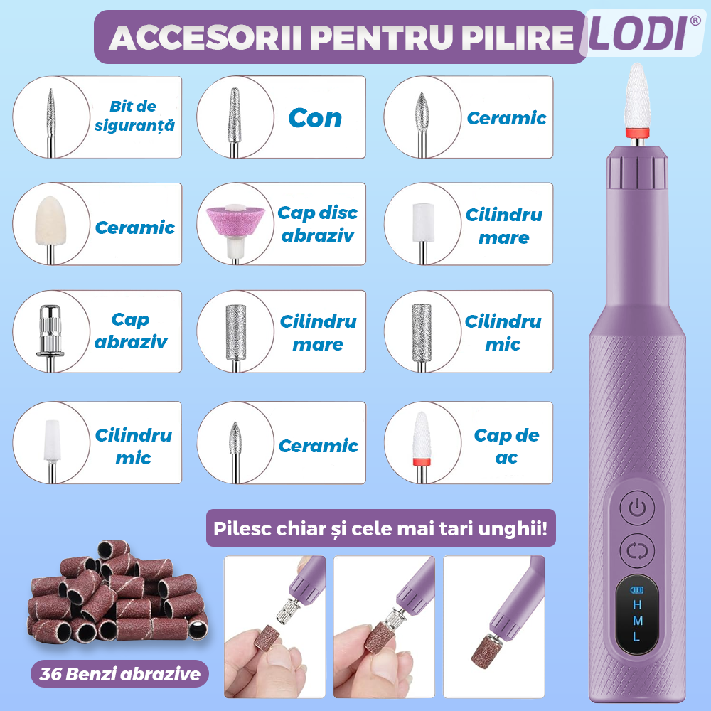 Pila Electrica Profesionala pentru Unghii Lodi1136, freză wireless, 18000 RPM, ecran LED, manichiura-pedichiura, 12 capete pentru pila, 36 benzi de slefurie, portabila, mov