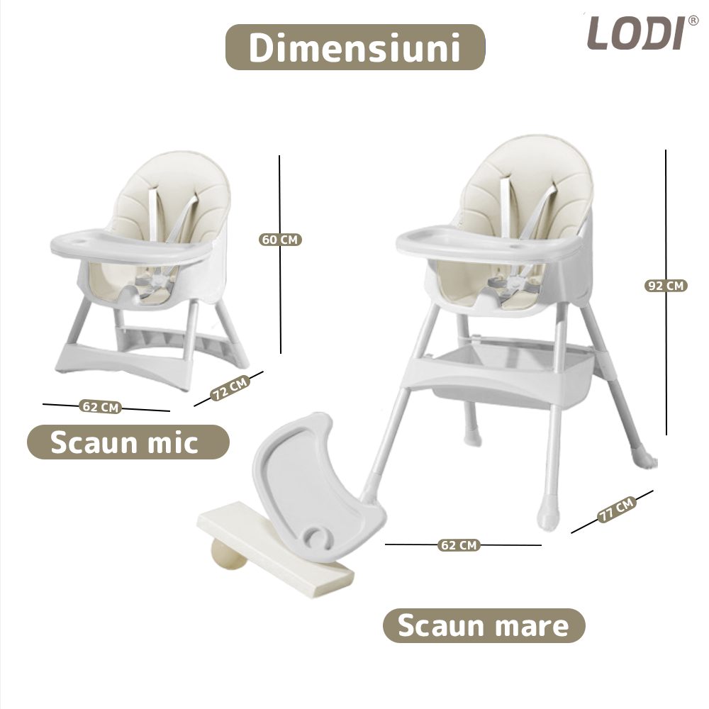 Scaun de Masa 3in1 pentru Bebelusi si Copii Lodi636, inaltime ajustabila, centura de siguranta in 5 puncte, tavita reglabila si detasabila, loc depozitare jucarii, bej