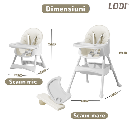 Scaun de Masa 3in1 pentru Bebelusi si Copii Lodi636, inaltime ajustabila, centura de siguranta in 5 puncte, tavita reglabila si detasabila, loc depozitare jucarii, bej