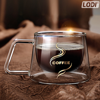 Set 4 Cani de Sticla cu Perete Dublu Lodi1004, model COFFEE, design modern, termorezistente, capacitate 200 ml, 12 x 8 cm