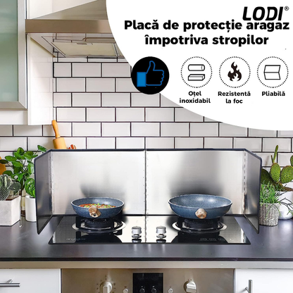 Placa de Protectie Aragaz Anti-Stropi Lodi86, panou cu 4 elemente, pliabila, metal, de inalta calitate, usor de curatat, 133x30cm, argintiu
