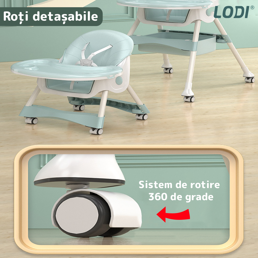 Scaun de Masa 3in1 pentru Bebelusi si Copii Lodi634, inaltime ajustabila, centura de siguranta in 5 puncte, tavita reglabila si detasabila, loc depozitare jucarii, verde turcoaz