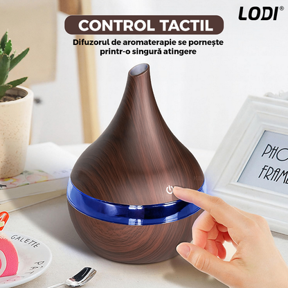 Difuzor Aromaterapie Lodi1463, forma conica, lumini ambientale, control tactil, capacitate 200ml, silentios, rezerva inclusa, alimentare USB, umidifica aerul, stejar inchis