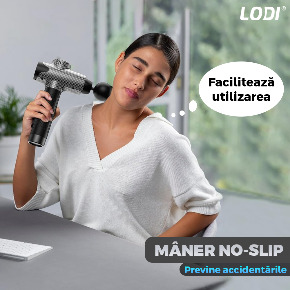 Aparat Profesional pentru Masaj tip Pistol Lodi675, 30 viteze, motor silentios fara perii, 3200 percutii, sistem racire, 2500mAh, 6 capete, incarcare rapida, geanta pentru depozitare, negru