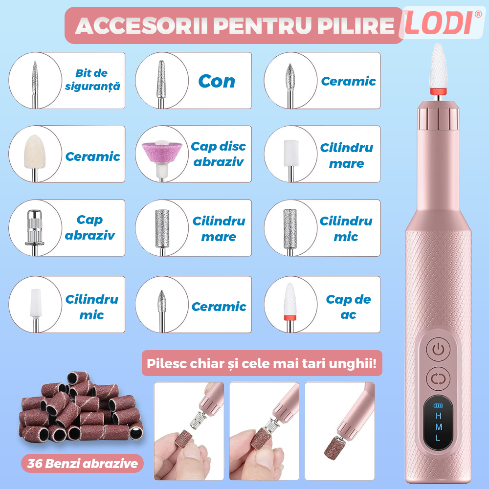 Pila Electrica Profesionala pentru Unghii Lodi1135, freză wireless, 18000 RPM, ecran LED, manichiura-pedichiura, 12 capete pentru pila, 36 benzi de slefurie, portabila, roz