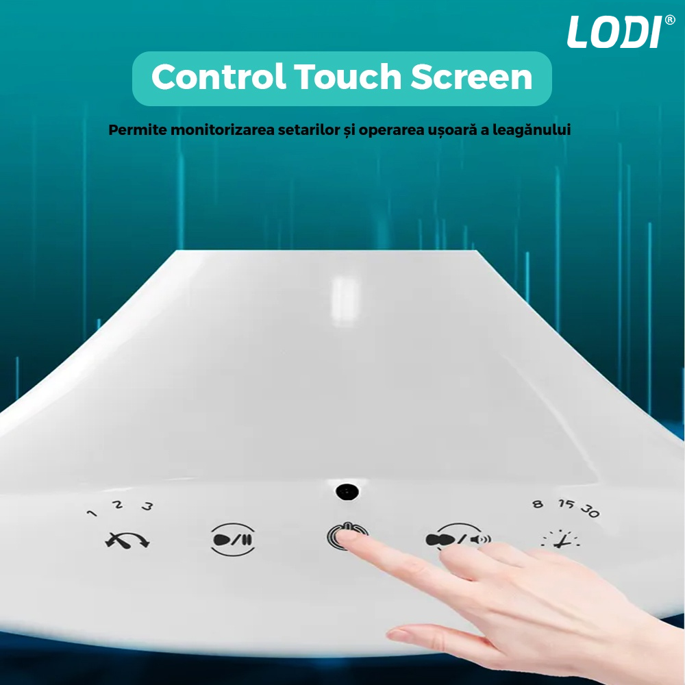 Leagan Electric Lodi123, conectivitate Bluetooth, telecomanda, plasa protectie tantari pentru bebelusi, jucarii, muzica, gri