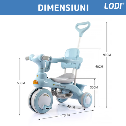 Tricicleta Multifunctionala Lodi1106, structura stabila, pedale anti-derapante, suport picioare, cosulet pe spate, spatar detasabil, parasolar, muzica incorporata, albastru