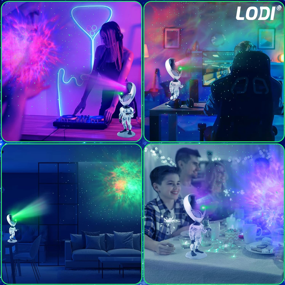 Proiector de Lumini Lodi545, tip extraterestru, cu telecomanda si timer pentru durata de iluminare, 8 moduri de proiectie, rotire 360 de grade, ajustare luminozitate, gri