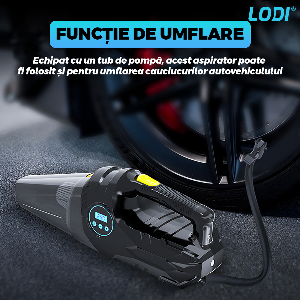 Aspirator Auto 4 in 1 Lodi1179, portabil, multifunctional, wireless, compresor anvelope. manometru, lanterna LED, aspirare umeda/uscata, vacuum 6000 mbar, putere motor 100W,  afisaj digital, negru