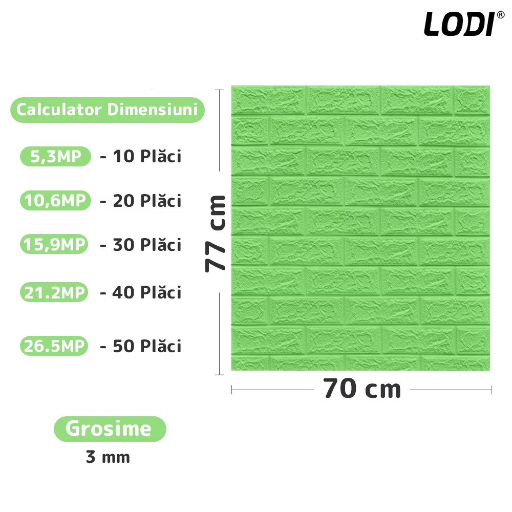 Set Tapet Caramida 3D Lodi54, suprafata acoperire 5.3 mp, autoadeziv, waterproof, usor de montat, design modern, 70x77 cm, verde