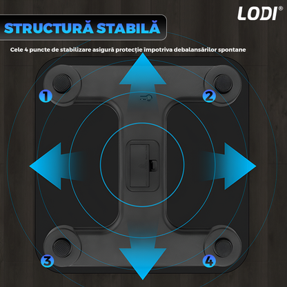 Cantar Electronic Inteligent Lodi1258, pentru baie, corporal, aplicatie smart, indicator greutate/baterie/temperatura, conectare bluetooth, afisaj digital, greutate maxima suportata 180 kg, baterii incluse, negru