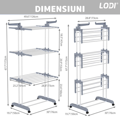 Uscator Vertical pentru Rufe si Haine Lodi1512, 3 niveluri, mobil, pliabil, pentru spatii mici, suport umerase, cadru rezistent, inaltime 175cm, gri