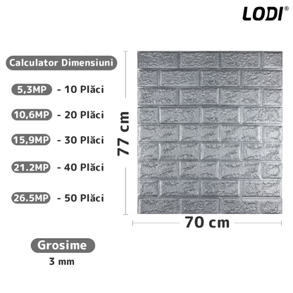 Set Tapet Caramida 3D Lodi56, suprafata acoperire 5.3 mp, autoadeziv, waterproof, usor de montat, design modern, 70x77 cm, gri
