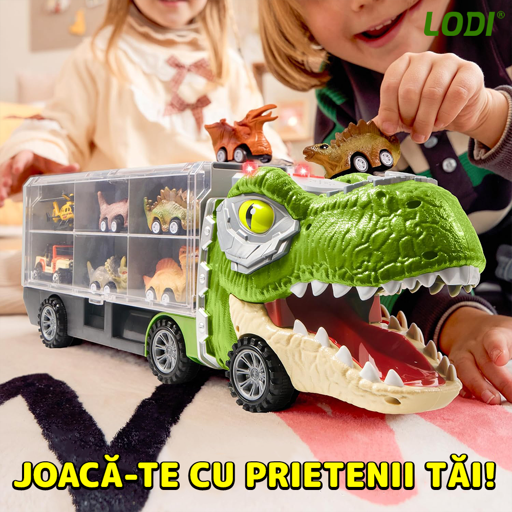 Set Camion Trailer de Jucarie pentru Transport Lodi1168, T-REX, 12 vehicule incluse, masina, barca, elicopter, accesorii mobile, lansator si rampa frontala, platforma tractare, verde deschis