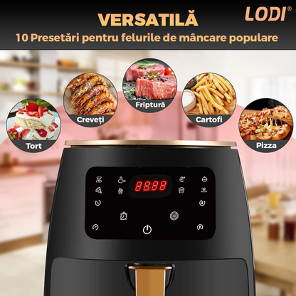 Friteuza Fara Ulei Air Fryer Lodi854, 100 tavi de copt cadou, tehnologie smart sensing, programe smart chef automate, afisaj digital, capacitate 4.5 L, tehnologie de eliminare a grasimii, functie de pastrare la cald,tensiune alimentare 220 V, negru