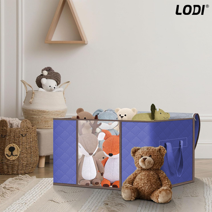 Set 3 Cutii pentru Depozitare si Organizare Lodi1055, 3 dimensiuni, pliabile, maner ranforsat si fereastra transparenta, pentru haine/paturi/ plapumi/ perne/ lenjerii de pat/jucarii, 60 L / 84 L / 105 L, albastru