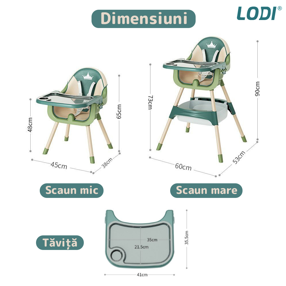Scaun de Masa 3in1 pentru Bebelusi si Copii  Lodi91, inaltime ajustabila, centura de siguranta in 5 puncte, tavita reglabila si detasabila, loc depozitare jucarii, verde