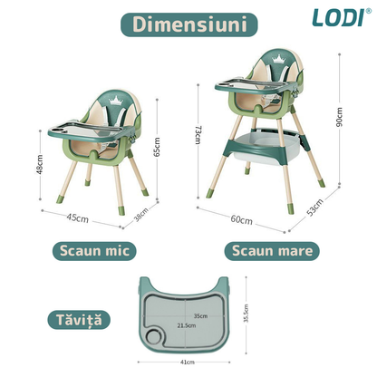 Scaun de Masa 3in1 pentru Bebelusi si Copii  Lodi91, inaltime ajustabila, centura de siguranta in 5 puncte, tavita reglabila si detasabila, loc depozitare jucarii, verde