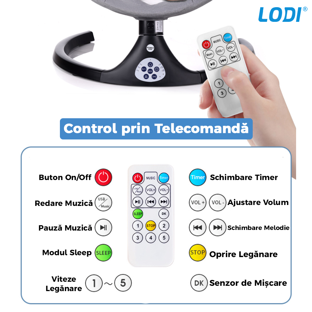 Leagan Electric Lodi122, conectivitate Bluetooth, telecomanda, tava detasabila, acoperis rabatabil, plasa protectie tantari pentru bebelusi, jucarii, muzica, gri
