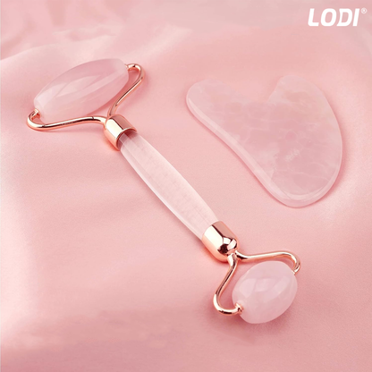 Set 3 Accesorii pentru Masaj Facial Lodi655, cu aparat face roller, piatra gua sha, pensula pentru aplicarea cosmeticelor, rezultate vizibile, piatra naturala  din quartz roz