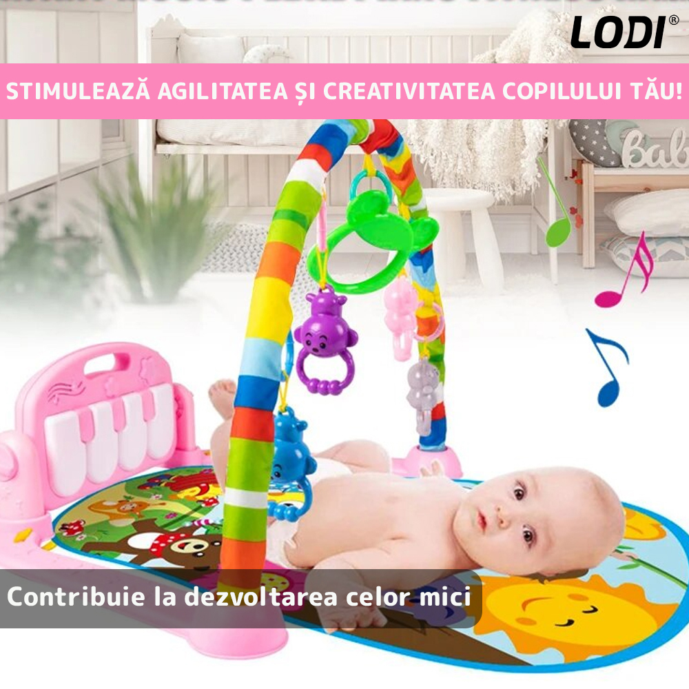 Centru de Activitati si Joaca Lodi327, saltea interactiva pentru copii  cu sunete, multifunctional, pian si oglinda detasabile, jucarii zornaitoare, 4 moduri interactive si educative, roz