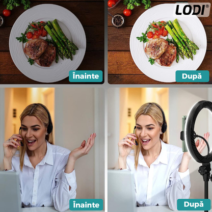 Lampa Circulara Ring Light Lodi206, Diametru 45cm/18 Inch, 3 moduri de lumina, 10 trepte reglaj, telecomanda si trepied 210 cm incluse, compatibilitate universala, alb