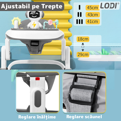 Premergator Multifunctional pentru Bebelusi Lodi516, tava cu 3 jucarii, muzica, reglabil, pliabil, greutate max 20kg, 6-36 luni, gri