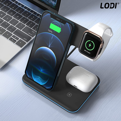 Incarcator Wireless Lodi9, Statie de Incarcare 3in1, LED indicator inteligent, Fast Charge, incarcare rapida, compatibilitate universala, negru