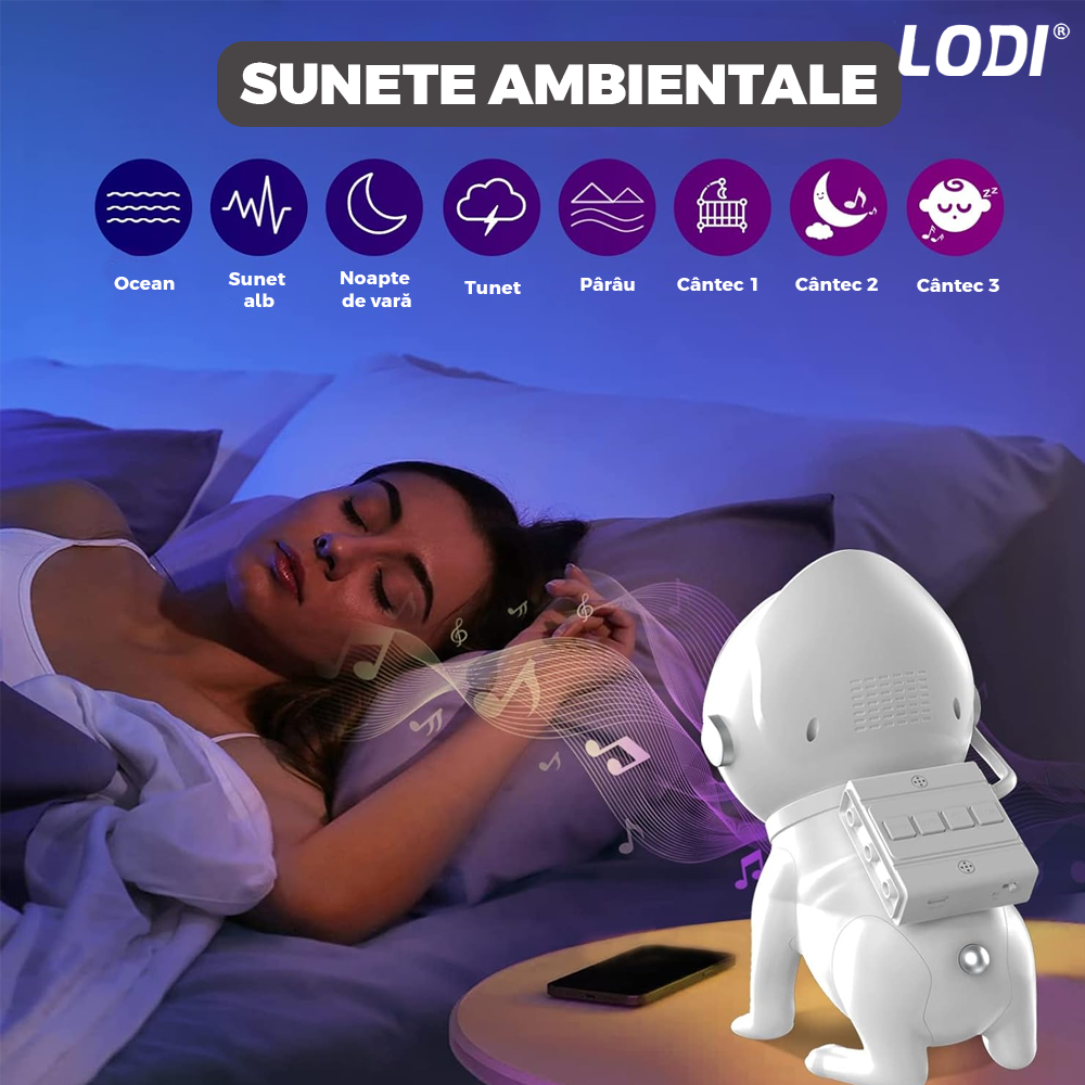 Proiector de Stele Catel Astronaut 2.0 Lodi549, lampa de veghe pentru copii, control prin aplicatie, compabil cu Alexa/Google Assistant, reglare 360, sunete albe, trepte de ajustare luminozitate, timer, 15 moduri de iluminare, speaker bluetooth, alb