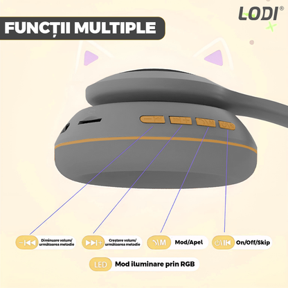 Casti Wireless Model Pisica Lodi950, overear, urechi de pisica cu iluminare RGB, bluetooth 5.0, handsfree, HiFi, bass stereo, gri/galben