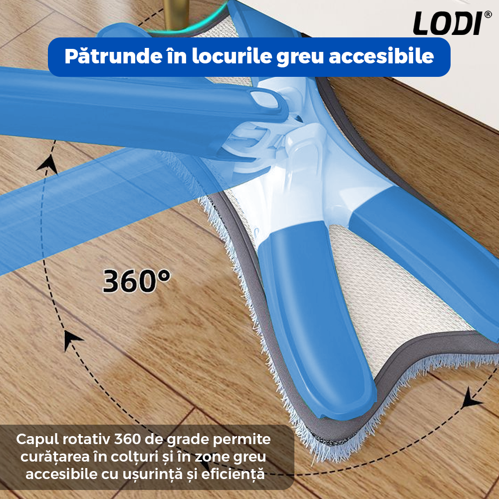 Mop cu Cap in Forma de X Lodi554, rotire 360 grade, telescopic, curatare usoara, 4 lavete incluse, 123 cm, albastru deschis