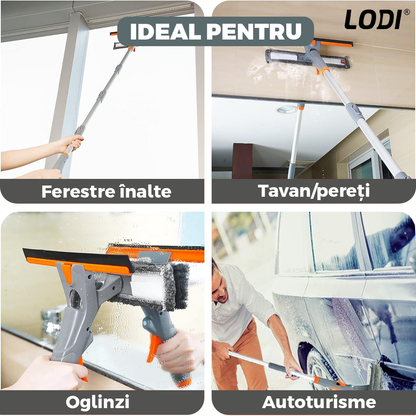Stergator de Geamuri 3 in 1 Lodi706, laveta detasabila, racleta pentru curatare si lustruire, sticla de spray incorporata, telescopic, gri/portocaliu