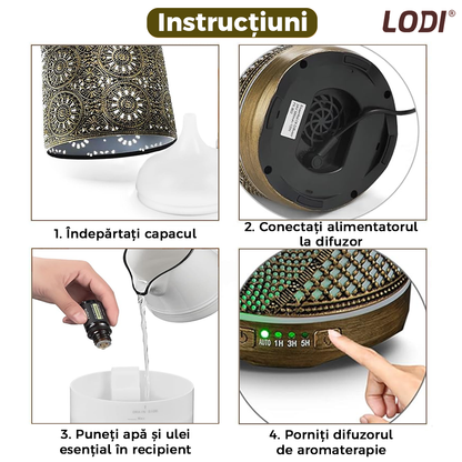 Difuzor Aromaterapie Lodi605, din metal, design vintage, 7 culori LED, 2 jocuri de lumini, capacitate 250ml, silentios, umidifica aerul, bronz