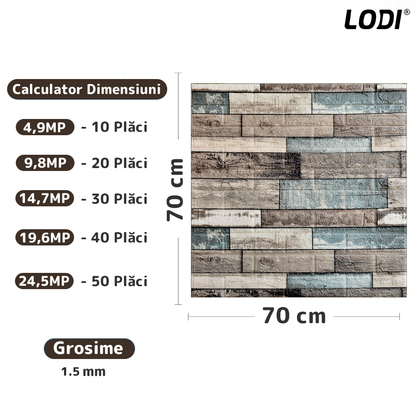 Set 10x Tapet Caramida 3D Lodi1091, Model Lemn, suprafata acoperire 4.9 mp, autoadeziv, waterproof, usor de montat, design modern, 70x70 cm, maro verde