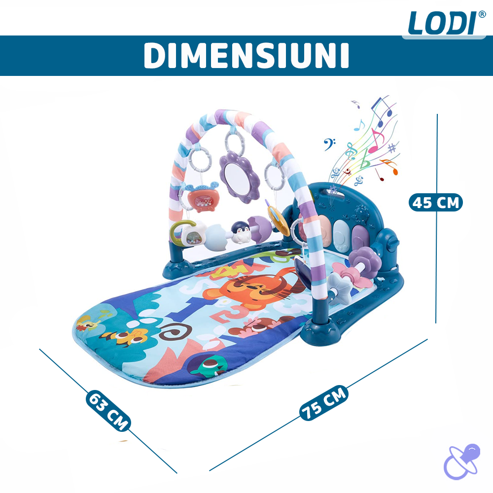 Centru de Activitati si Joaca Lodi1108, saltea interactiva pentru copii cu sunete, multifunctional, pian si oglinda detasabile, jucarii zornaitoare, 4 moduri interactive si educative, albastru inchis