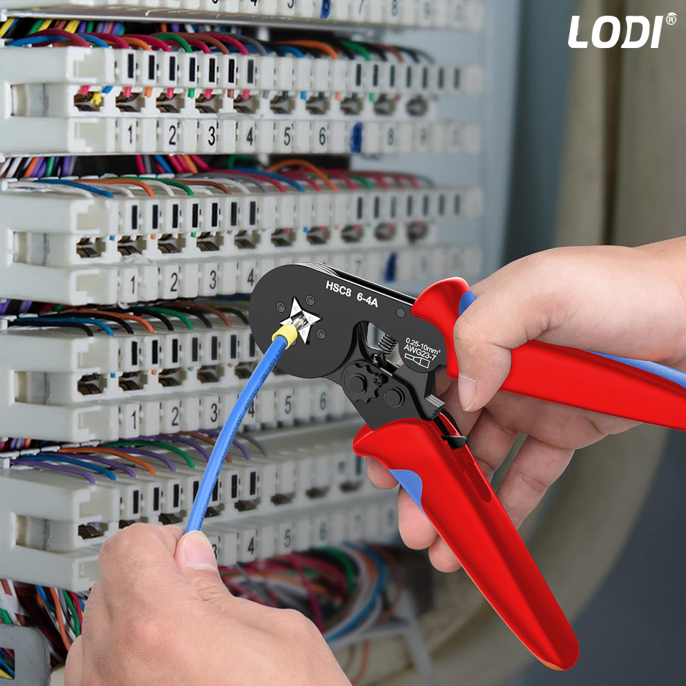 Trusa Sertizare Cabluri Electrice Lodi1268, ferule, cleste sertizare auto-reglabil cu revenire automata 0.25-10mm, maner anti-alunecare, 500 pini terminali, rosu/albastru