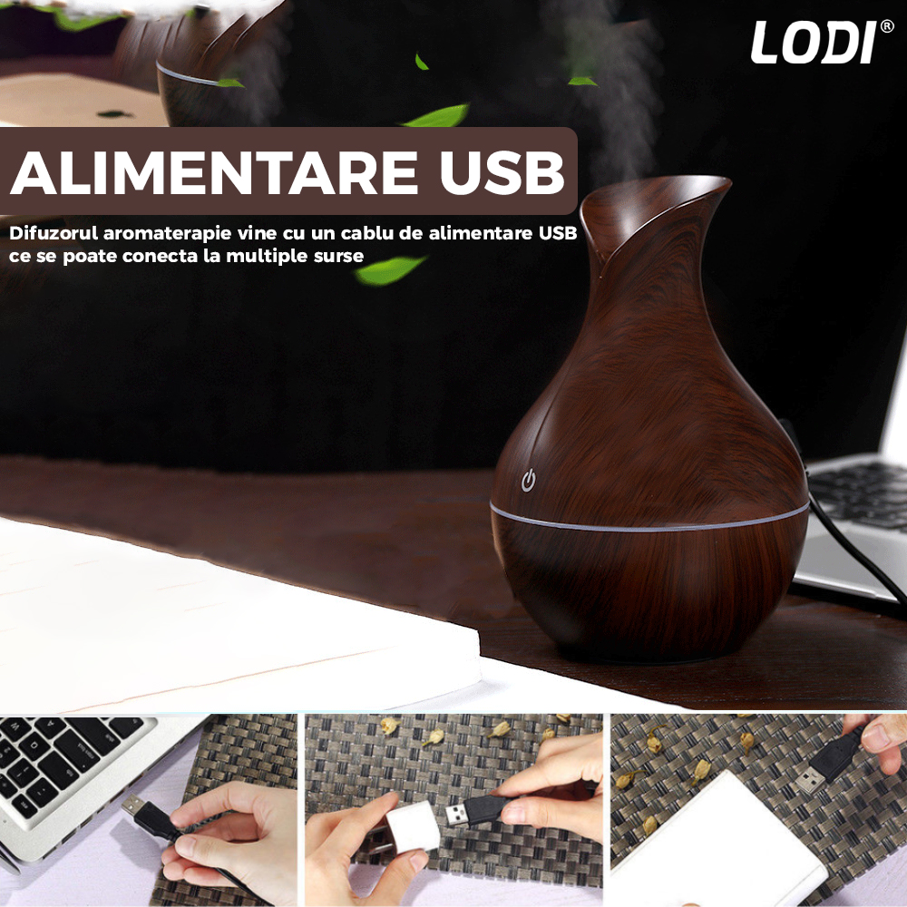 Difuzor Aromaterapie Lodi220, lumini ambientale, control tactil, capacitate 200ml, silentios, rezerva inclusa, alimentare USB, umidifica aerul, stejar inchis