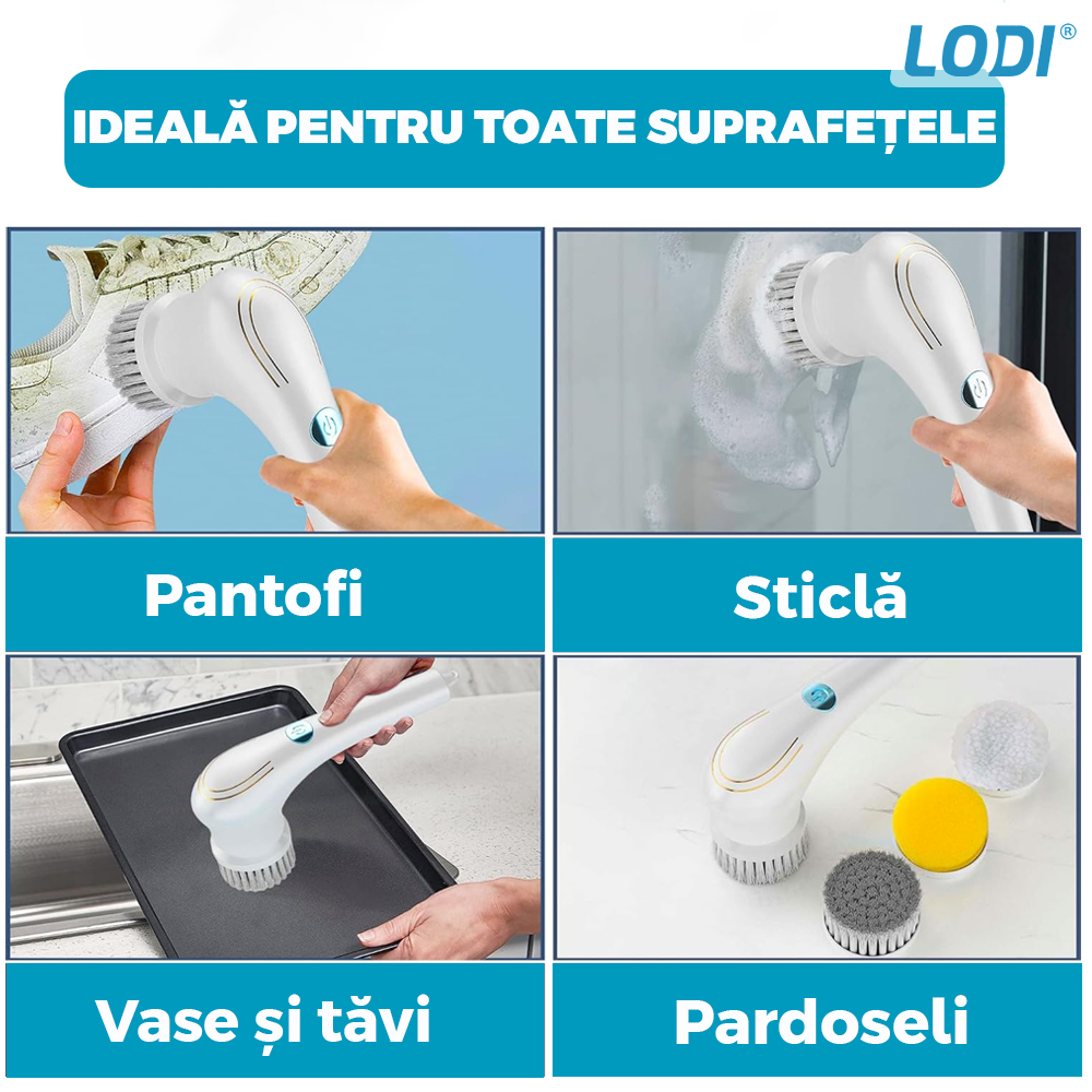 Perie Electrica pentru Curatat 5 in 1 Lodi358, fara fir, multifunctionala, incarcare usb, 5 capete, alb